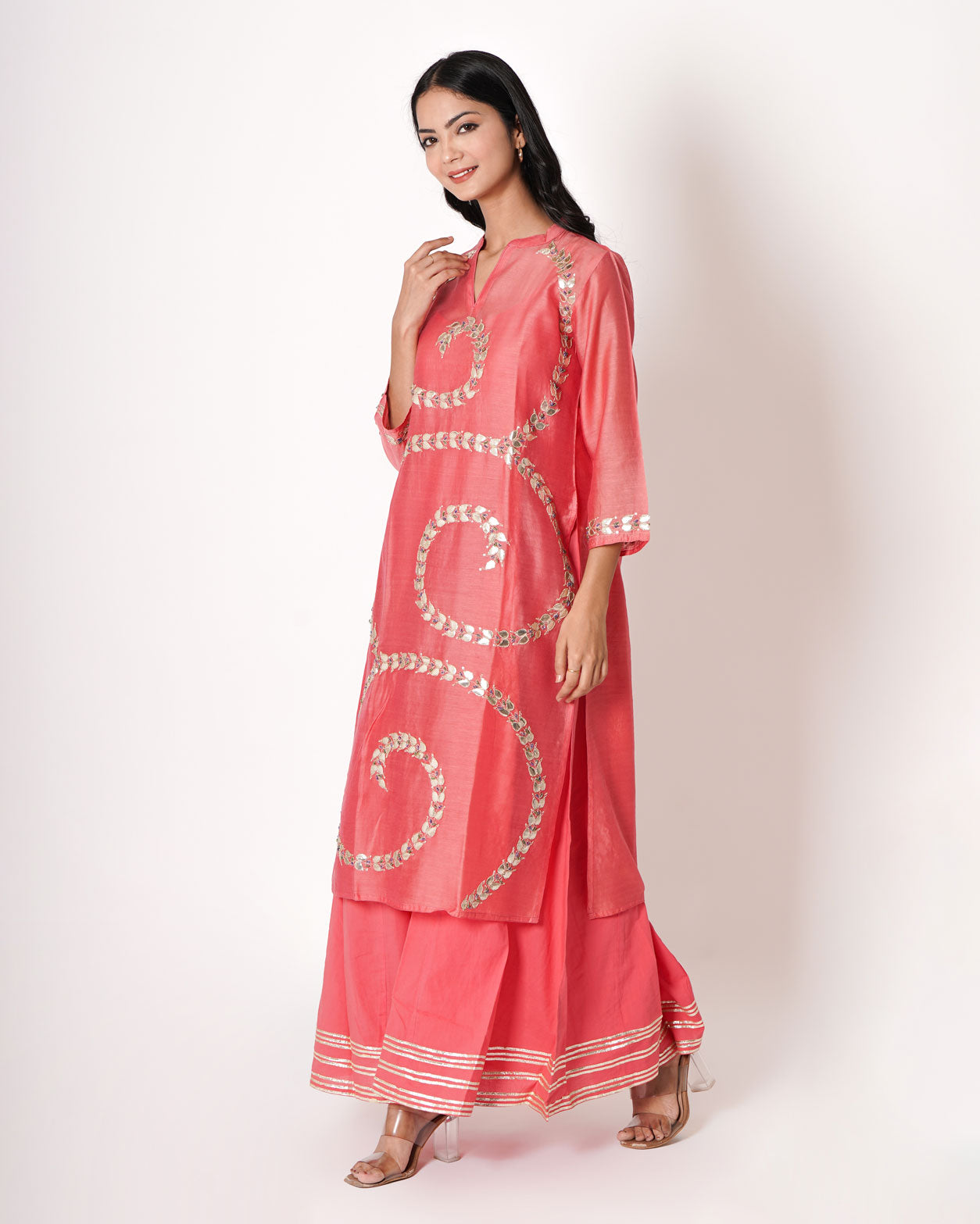 Pink Coral Gota Work Chanderi Kurta & Dress Set