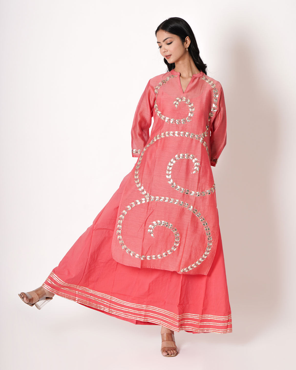 Pink Coral Gota Work Chanderi Kurta & Dress Set