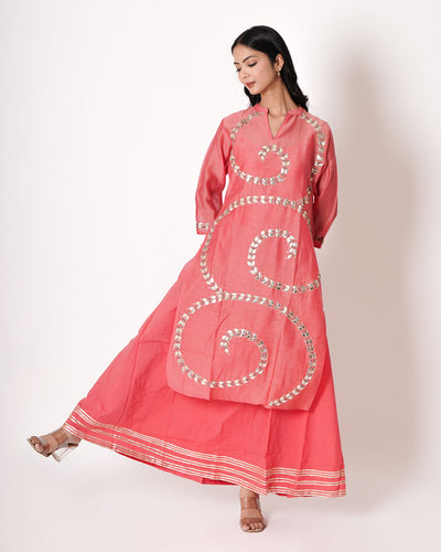 Pink Coral Gota Work Chanderi Kurta & Dress Set