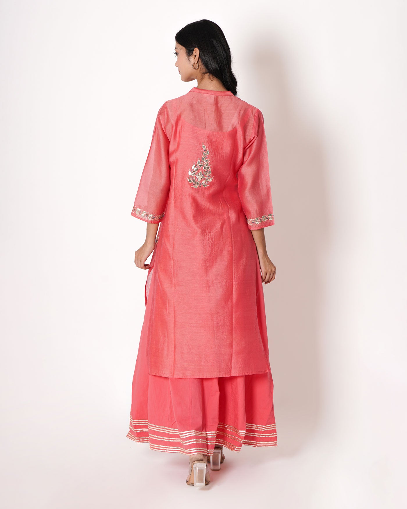 Pink Coral Gota Work Chanderi Kurta & Dress Set