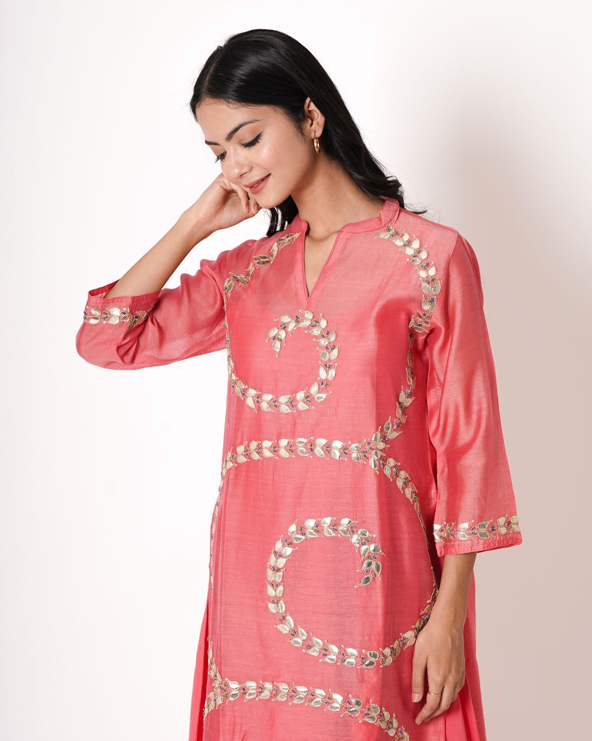 Pink Coral Gota Work Chanderi Kurta & Dress Set