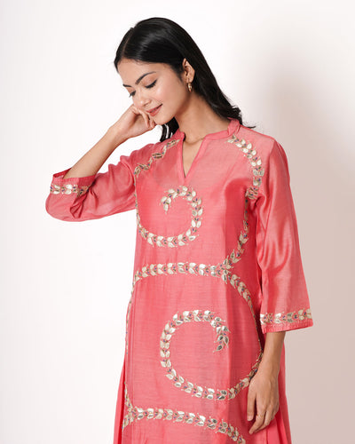 Pink Coral Gota Work Chanderi Kurta & Dress Set