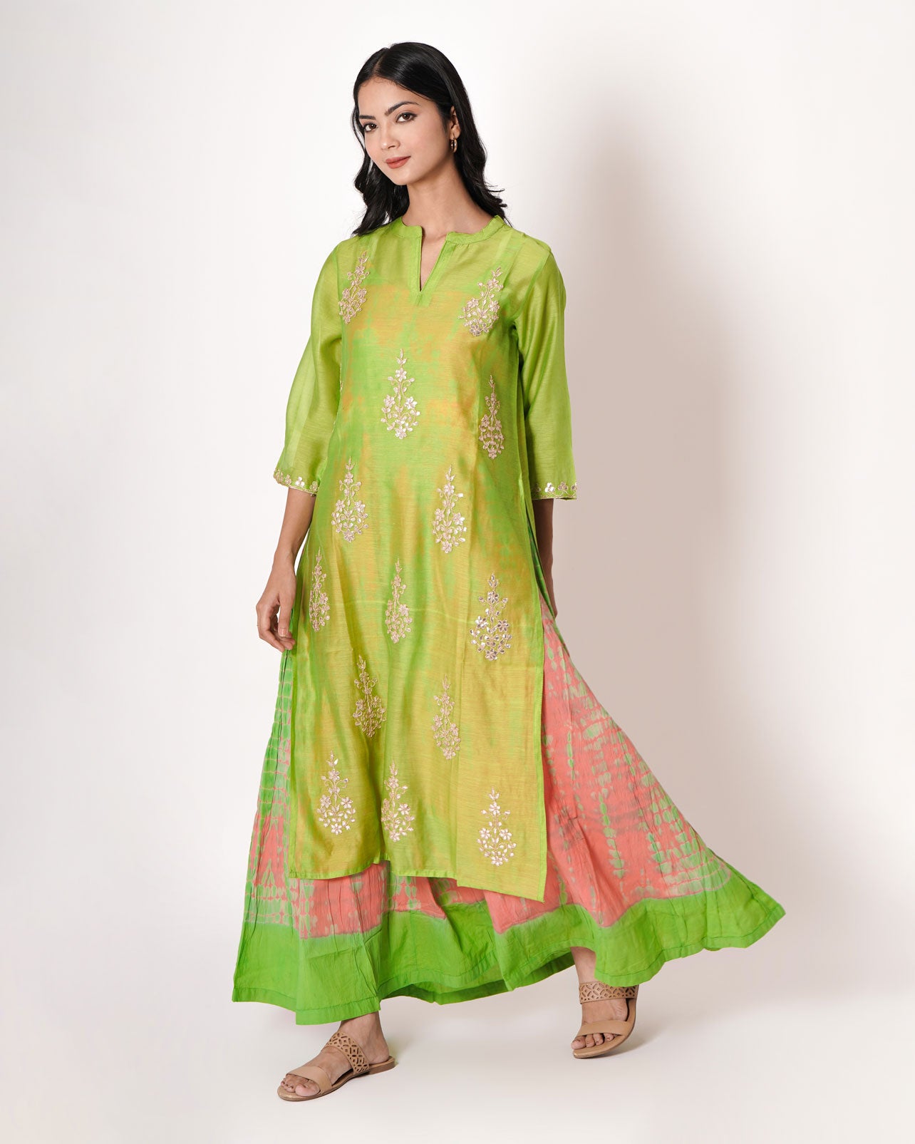 Yellow Green Gota Work Chanderi Kurta & Dress Set