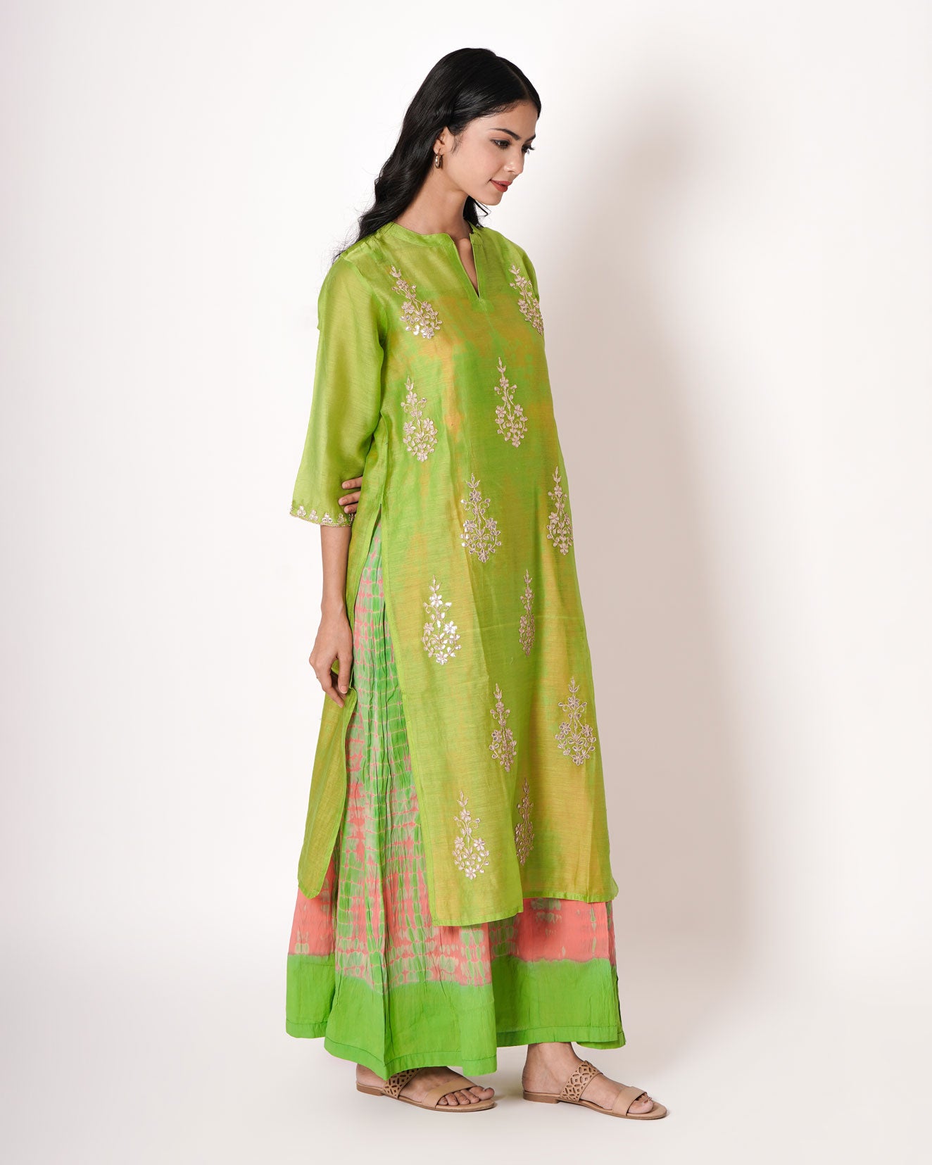 Yellow Green Gota Work Chanderi Kurta & Dress Set