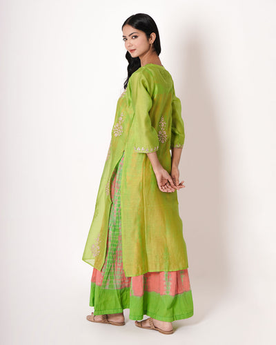 Yellow Green Gota Work Chanderi Kurta & Dress Set