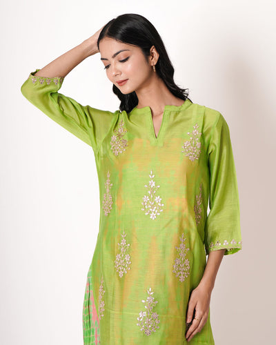 Yellow Green Gota Work Chanderi Kurta & Dress Set