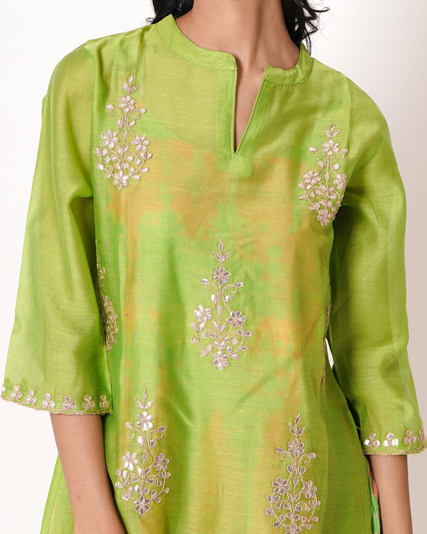 Yellow Green Gota Work Chanderi Kurta & Dress Set