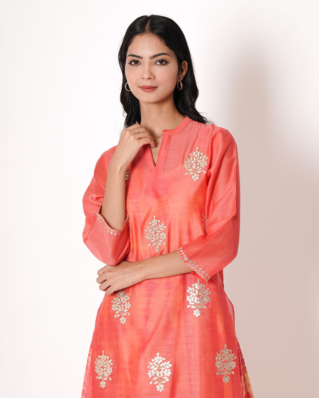 Peachy Pink Gota Work Chanderi Kurta & Dress Set