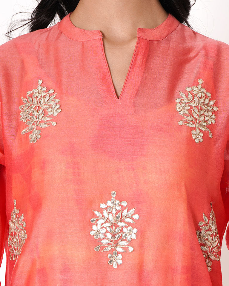 Peachy Pink Gota Work Chanderi Kurta & Dress Set