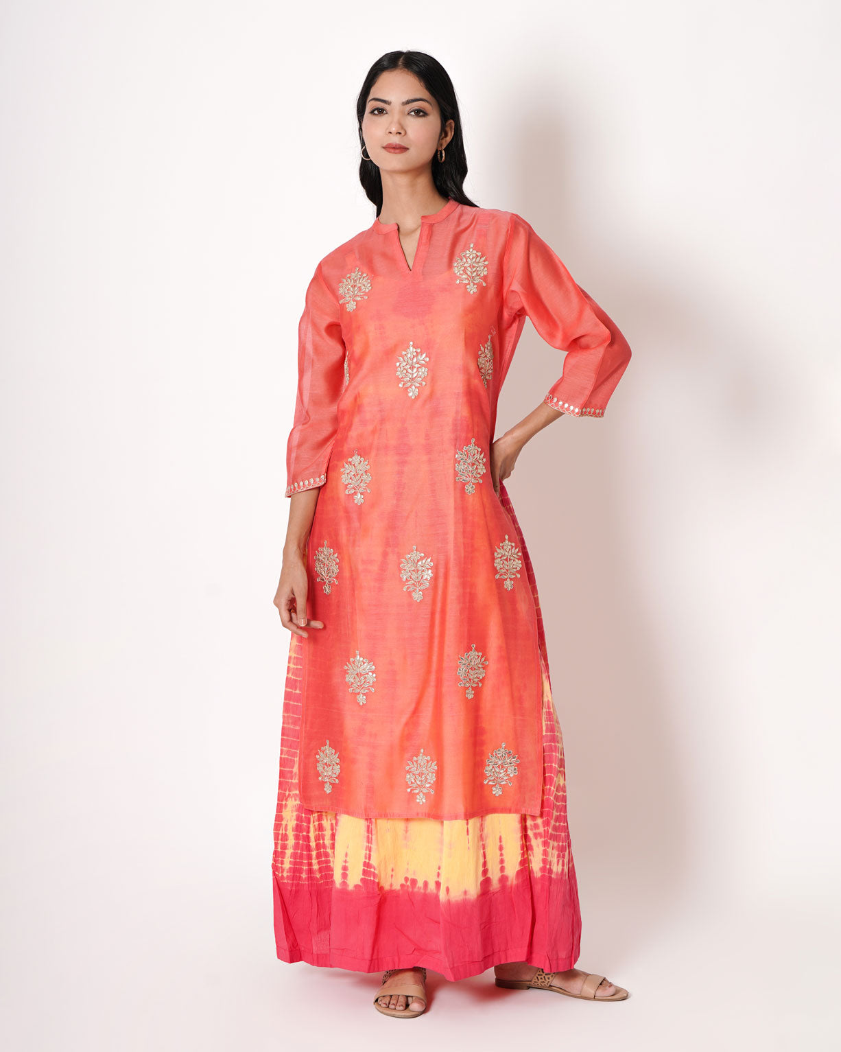 Peachy Pink Gota Work Chanderi Kurta & Dress Set