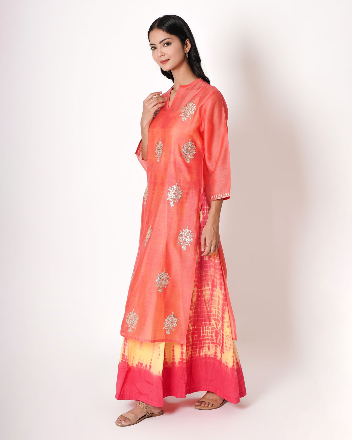 Peachy Pink Gota Work Chanderi Kurta & Dress Set