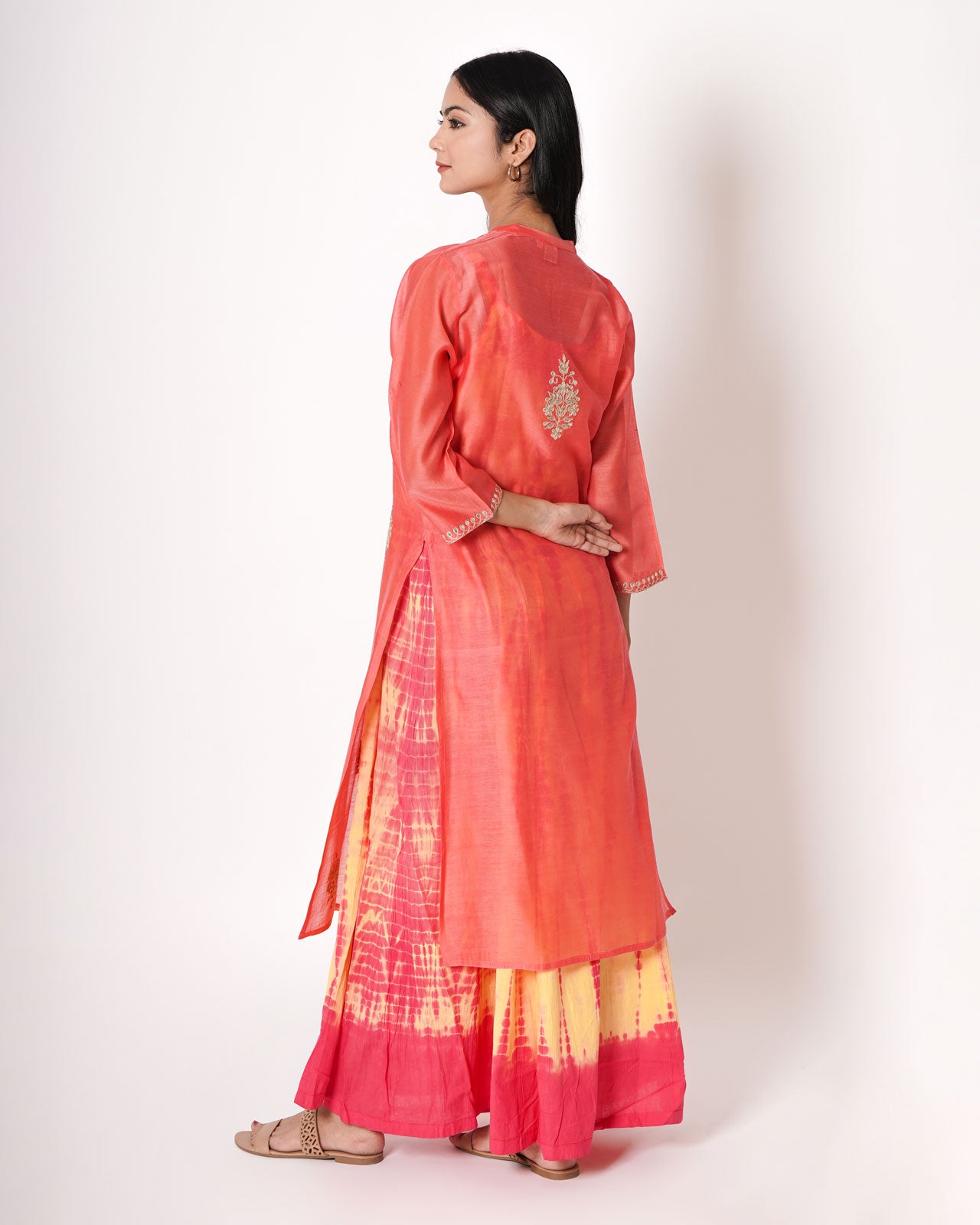 Peachy Pink Gota Work Chanderi Kurta & Dress Set