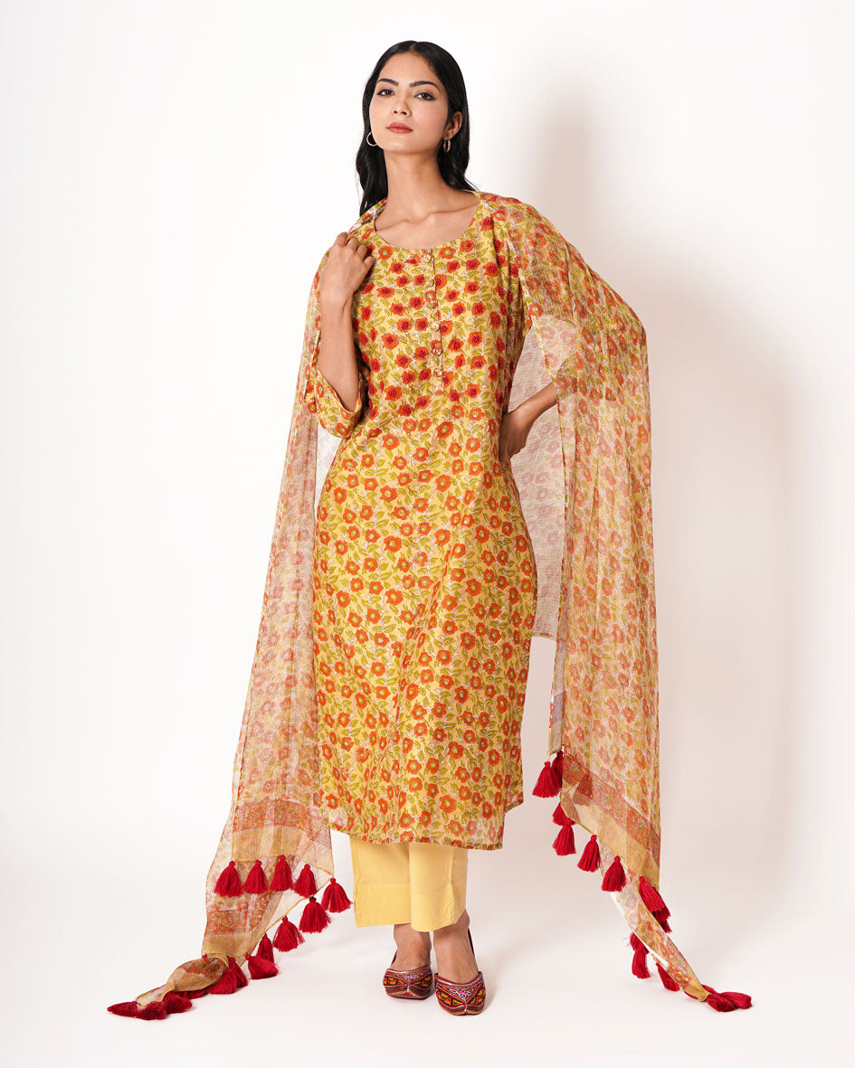 Ditzy Daisy Handblock Print Yellow Chanderi Suit Set