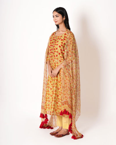 Ditzy Daisy Handblock Print Yellow Chanderi Suit Set