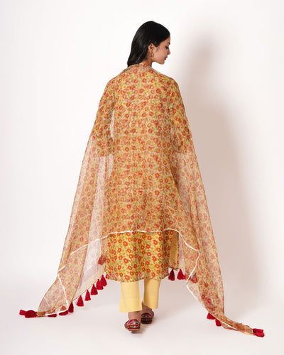 Ditzy Daisy Handblock Print Yellow Chanderi Suit Set