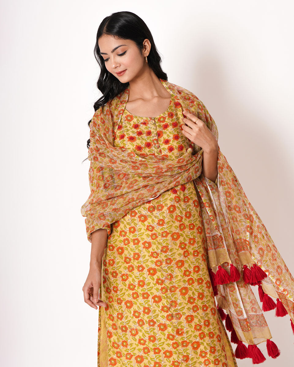 Ditzy Daisy Handblock Print Yellow Chanderi Suit Set