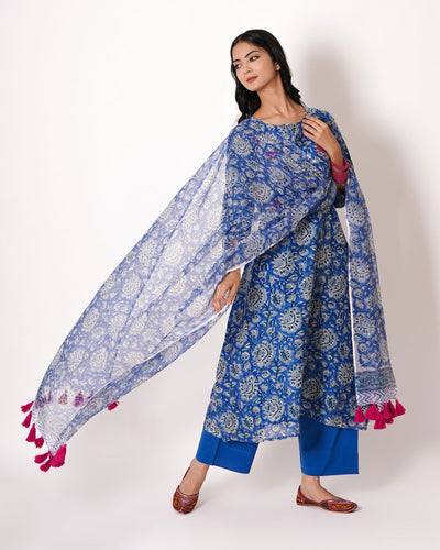 Deep Blue Handblock Print Chanderi Suit Set