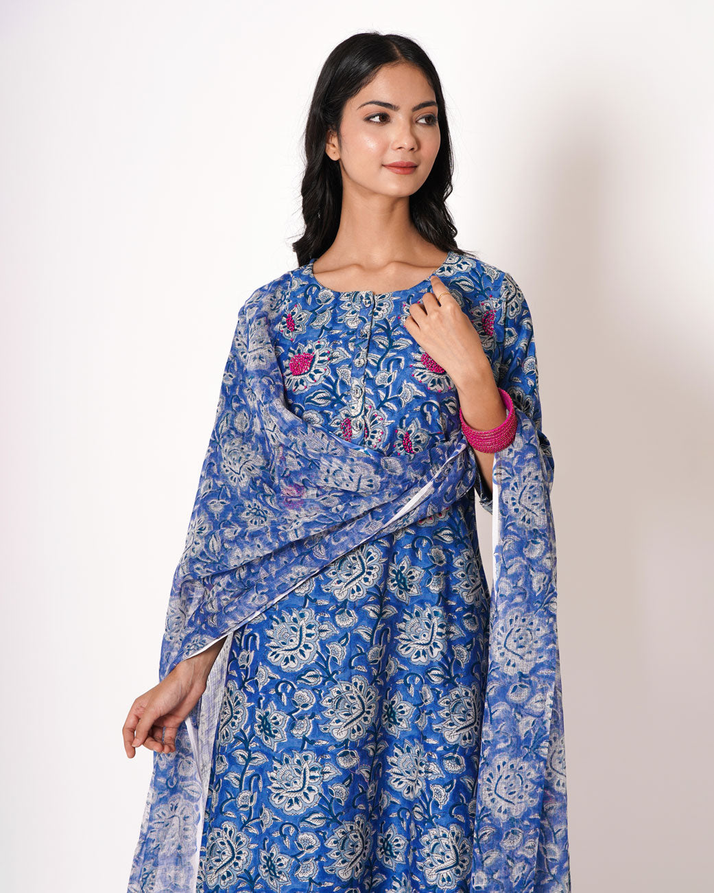 Deep Blue Handblock Print Chanderi Suit Set