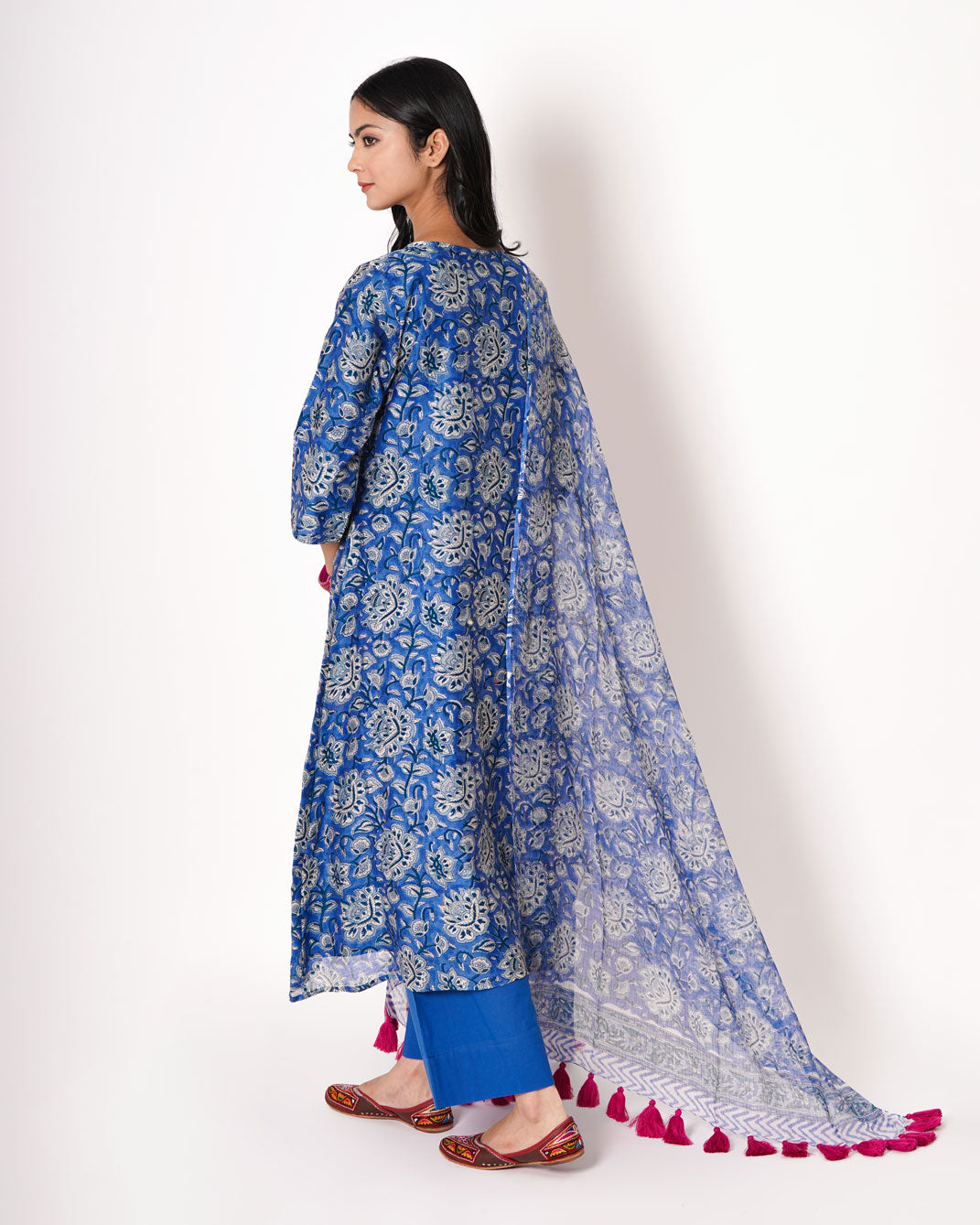 Deep Blue Handblock Print Chanderi Suit Set