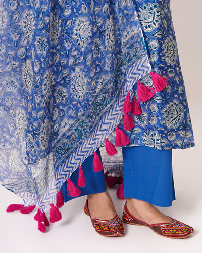 Deep Blue Handblock Print Chanderi Suit Set