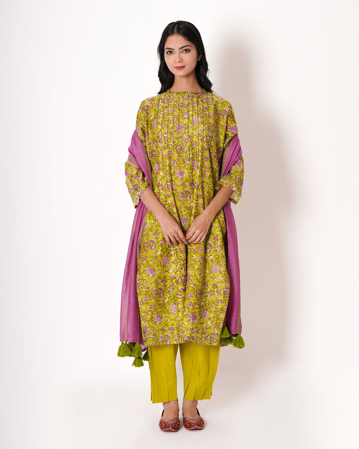 Green Paradise Handblock Floral Print Chanderi Suit Set