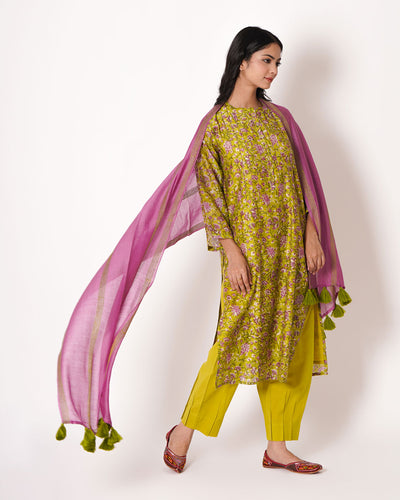 Green Paradise Handblock Floral Print Chanderi Suit Set