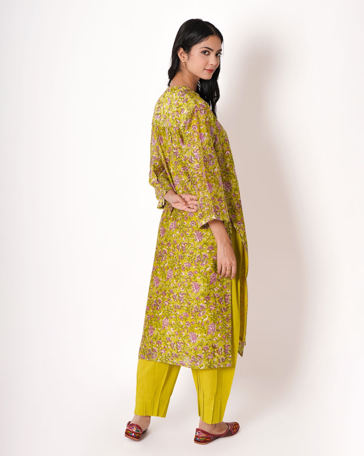 Green Paradise Handblock Floral Print Chanderi Suit Set