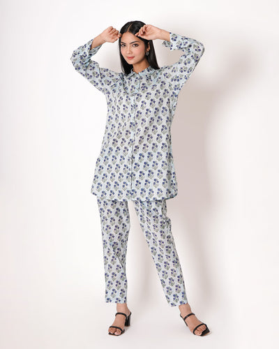 Floral Motif Handblock Floral Print Blue Cotton Co-ord Set