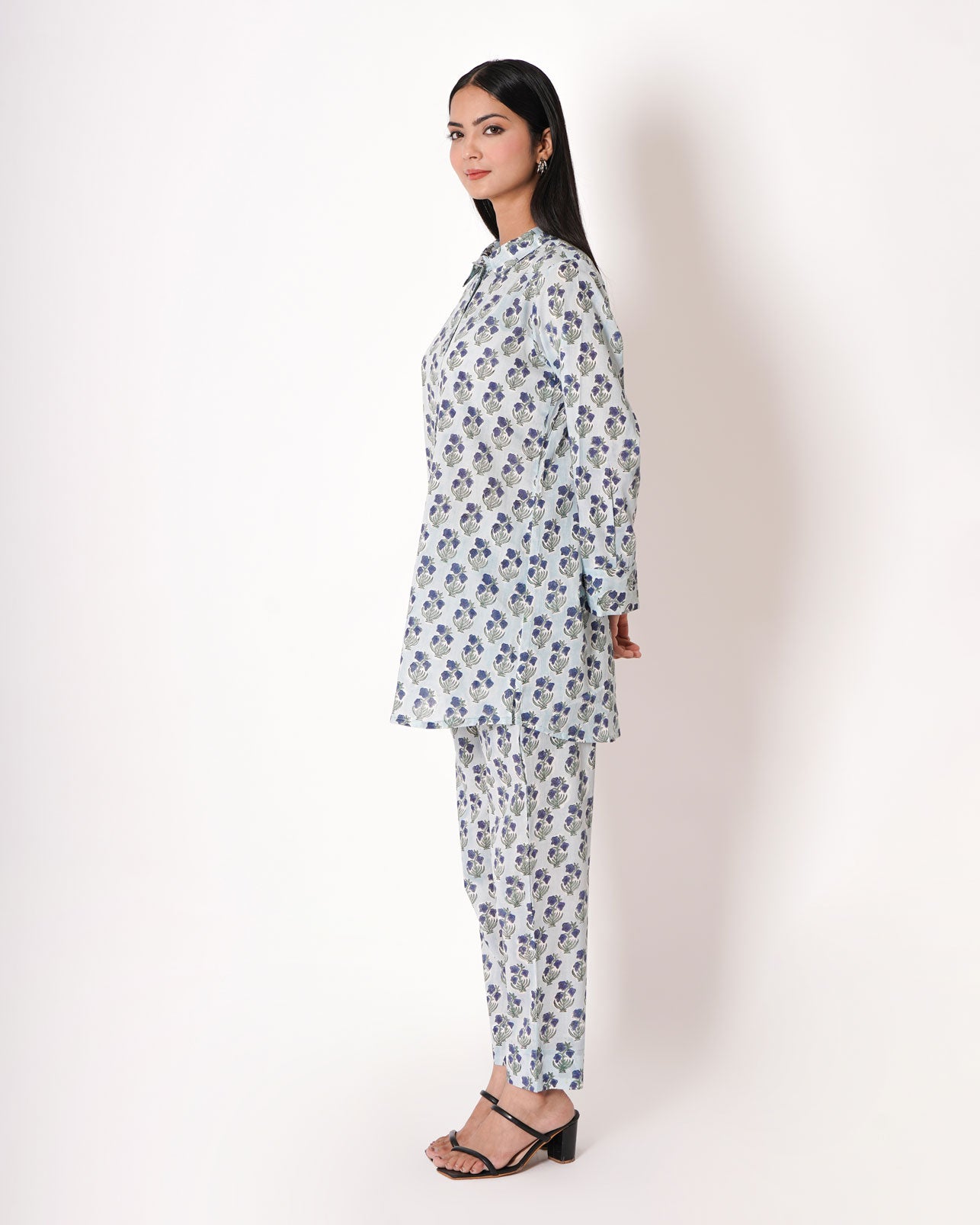 Floral Motif Handblock Floral Print Blue Cotton Co-ord Set