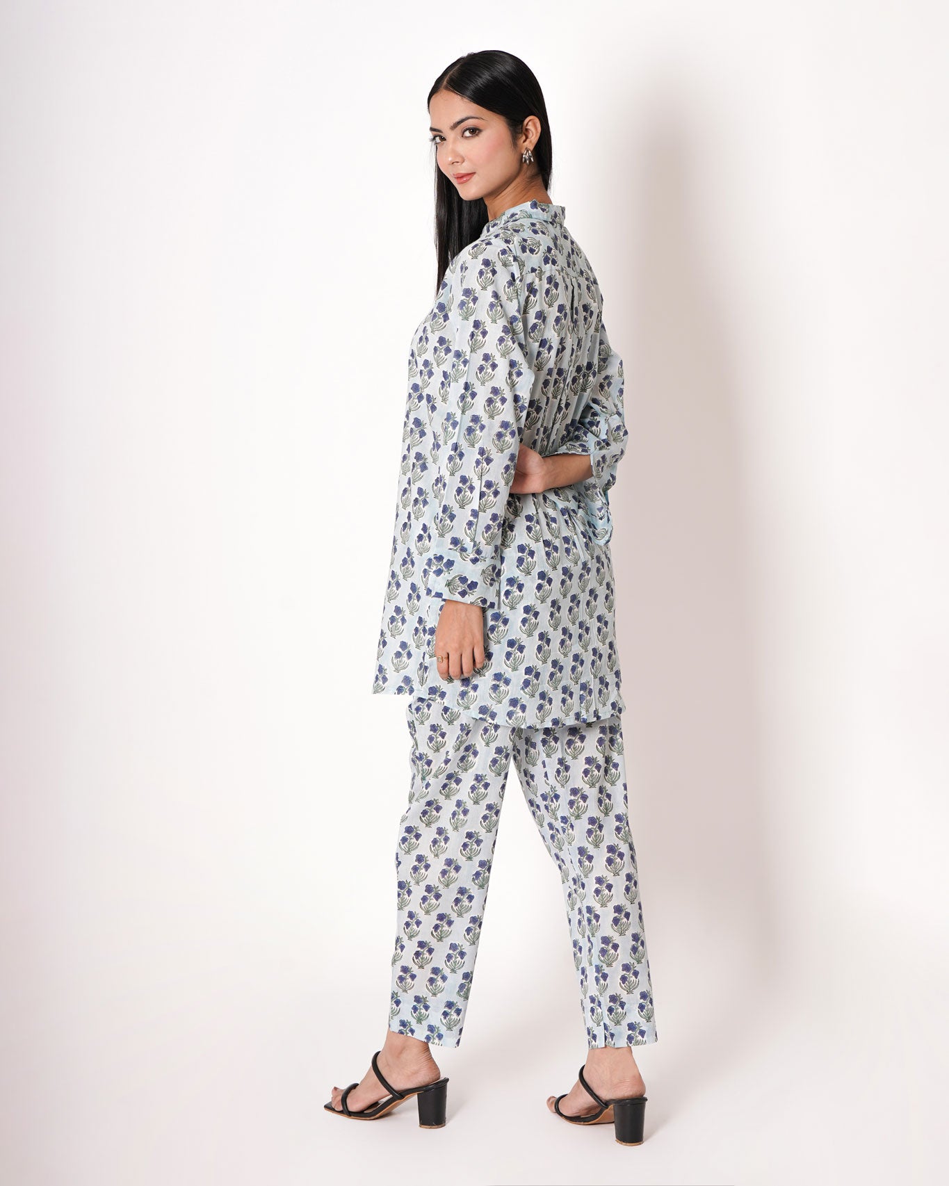 Floral Motif Handblock Floral Print Blue Cotton Co-ord Set