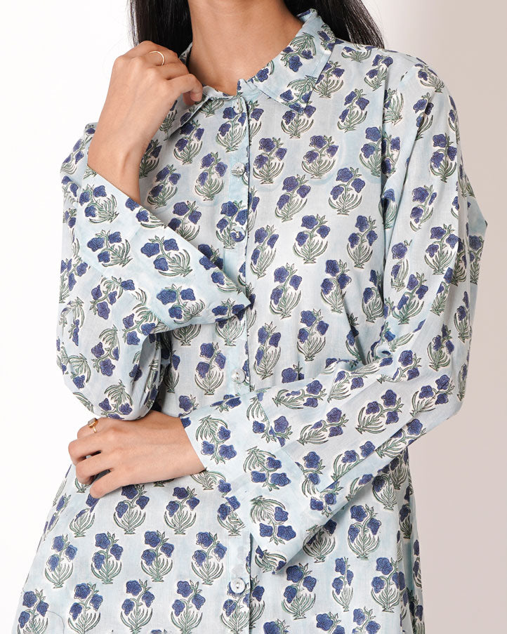 Floral Motif Handblock Floral Print Blue Cotton Co-ord Set