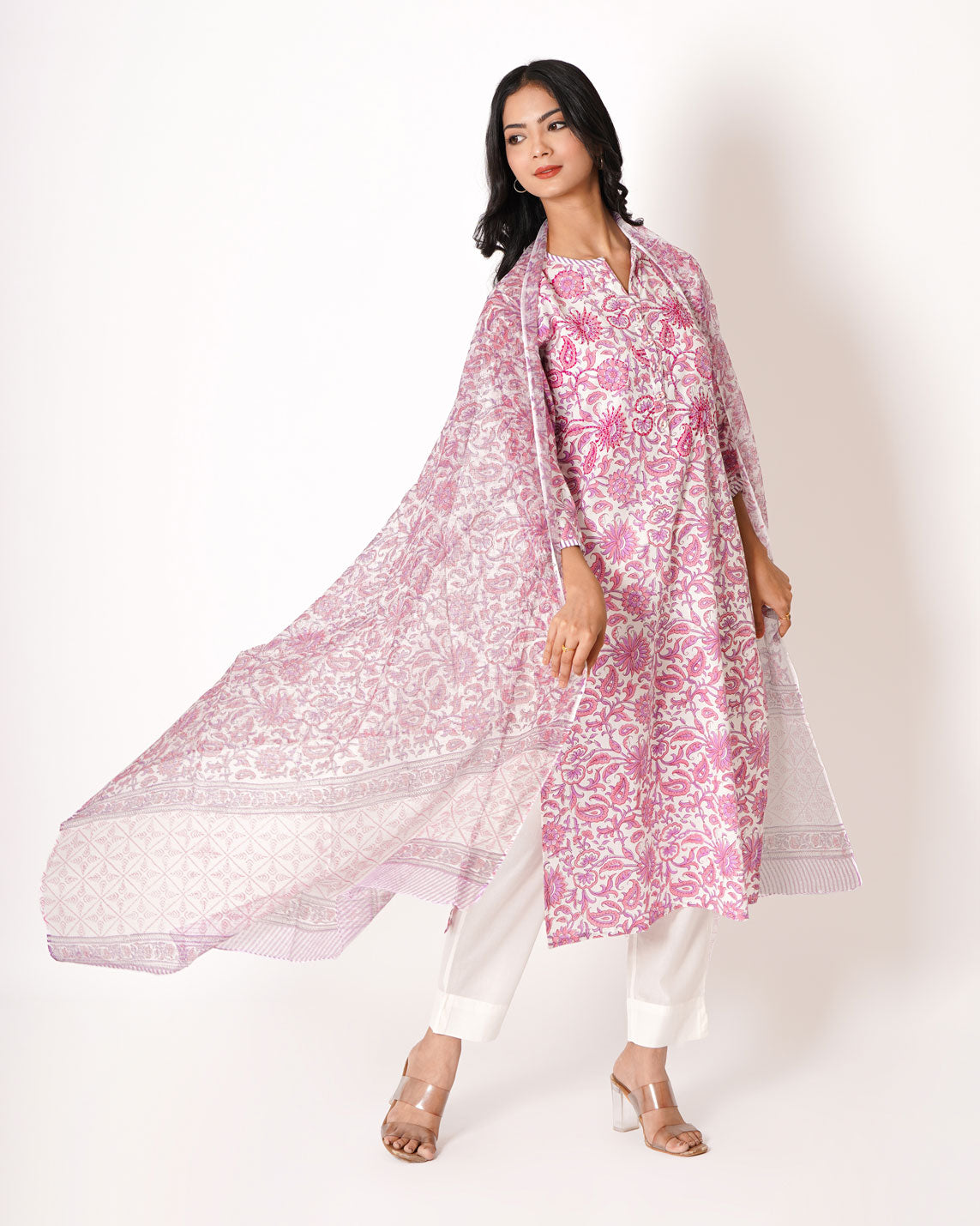 Flora Pink Handblock Print Cotton Suit Set