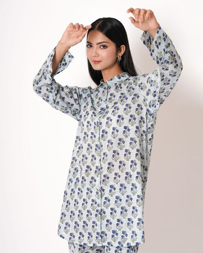 Floral Motif Handblock Floral Print Blue Cotton Co-ord Set