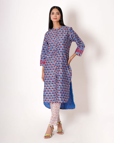 Steel Blue Handblock Floral Print Chanderi Kurta Set