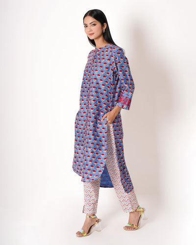 Steel Blue Handblock Floral Print Chanderi Kurta Set