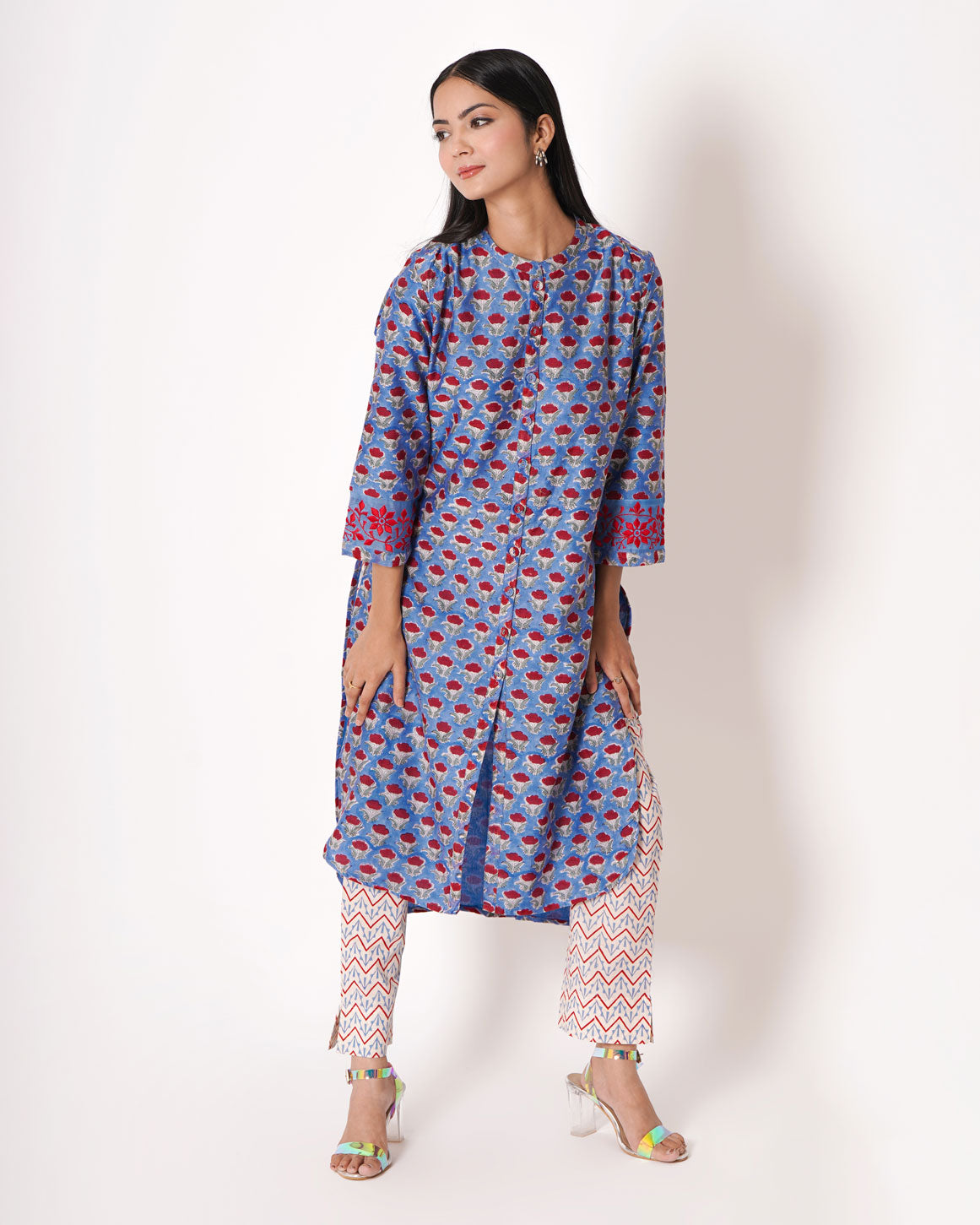 Steel Blue Handblock Floral Print Chanderi Kurta Set