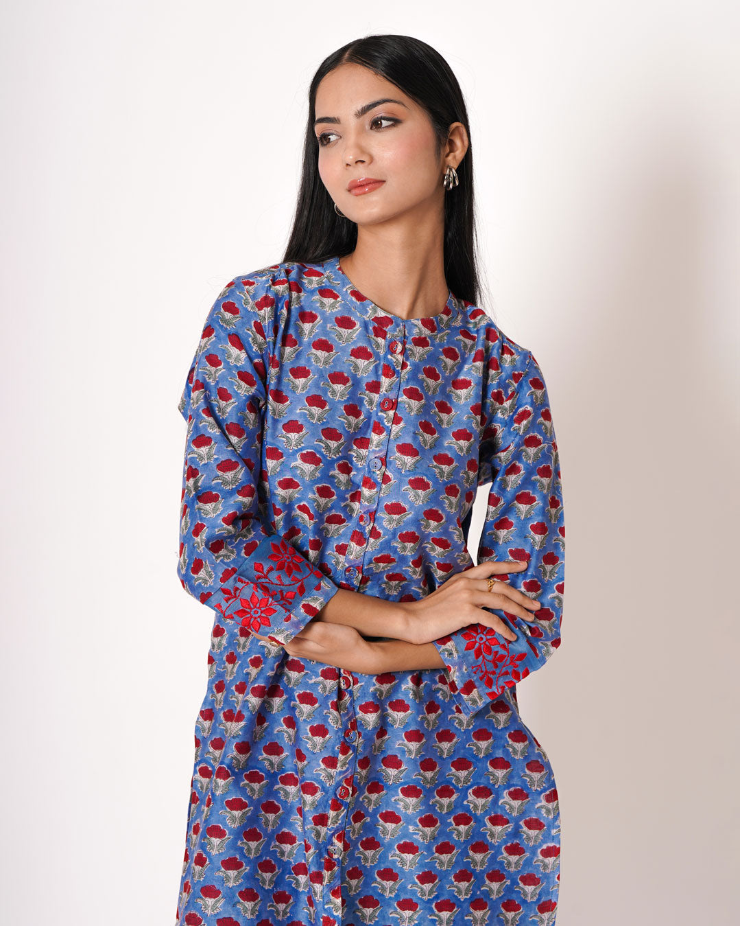 Steel Blue Handblock Floral Print Chanderi Kurta Set