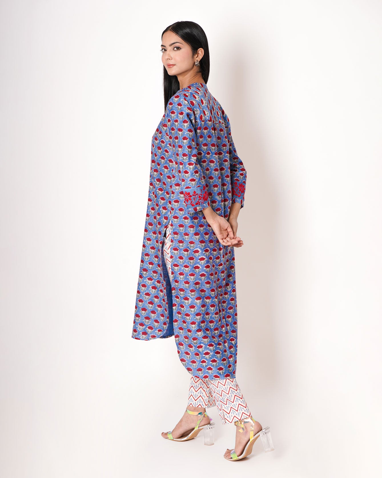 Steel Blue Handblock Floral Print Chanderi Kurta Set