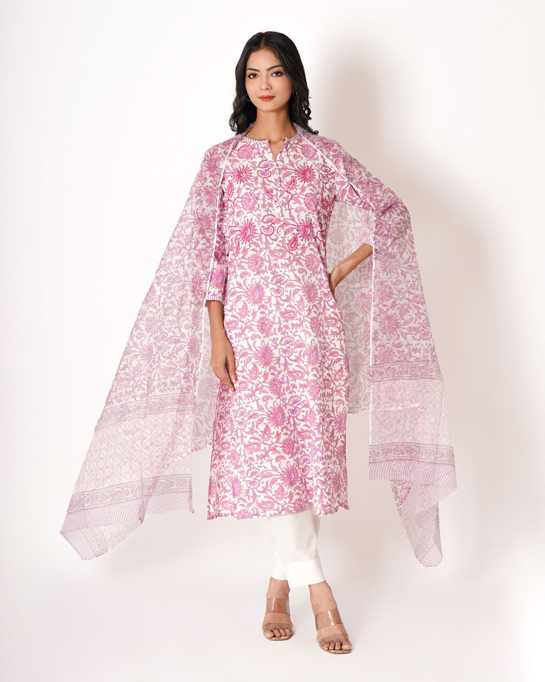 Flora Pink Handblock Print Cotton Suit Set