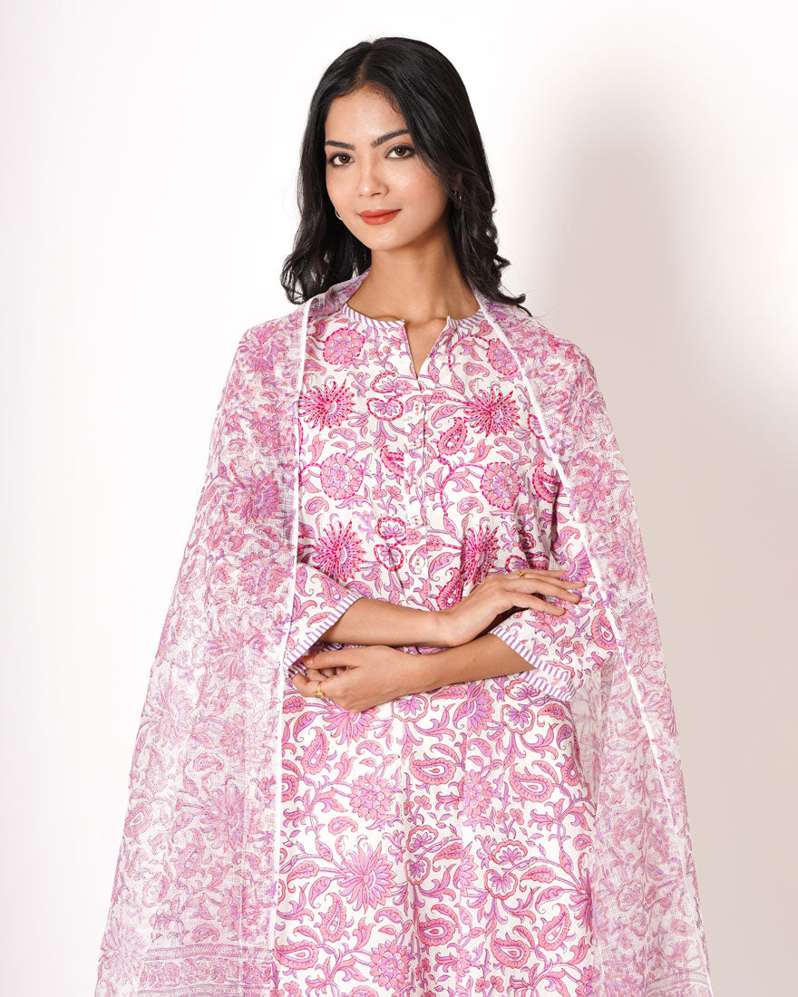 Flora Pink Handblock Print Cotton Suit Set