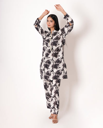 Monochrome Love Voil Slub Floral Print Co-ord Set