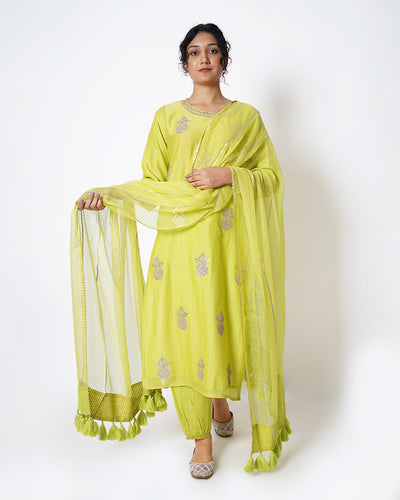 Lime Yellow Gota Work Chanderi Suit Set