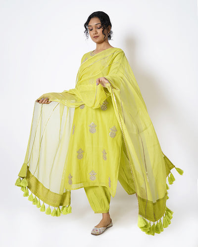 Lime Yellow Gota Work Chanderi Suit Set