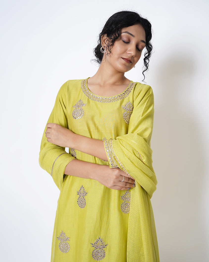 Lime Yellow Gota Work Chanderi Suit Set