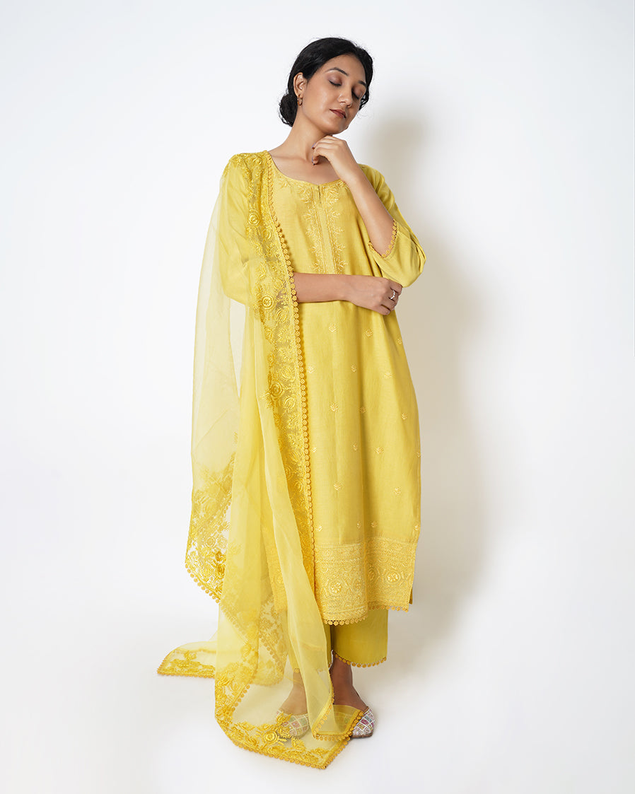 Corn Yellow Floral Embroidered Chanderi Suit Set