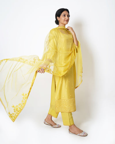 Corn Yellow Floral Embroidered Chanderi Suit Set