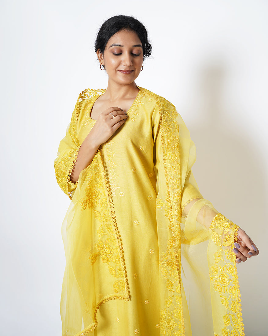 Corn Yellow Floral Embroidered Chanderi Suit Set