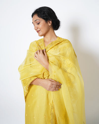 Corn Yellow Floral Embroidered Chanderi Suit Set