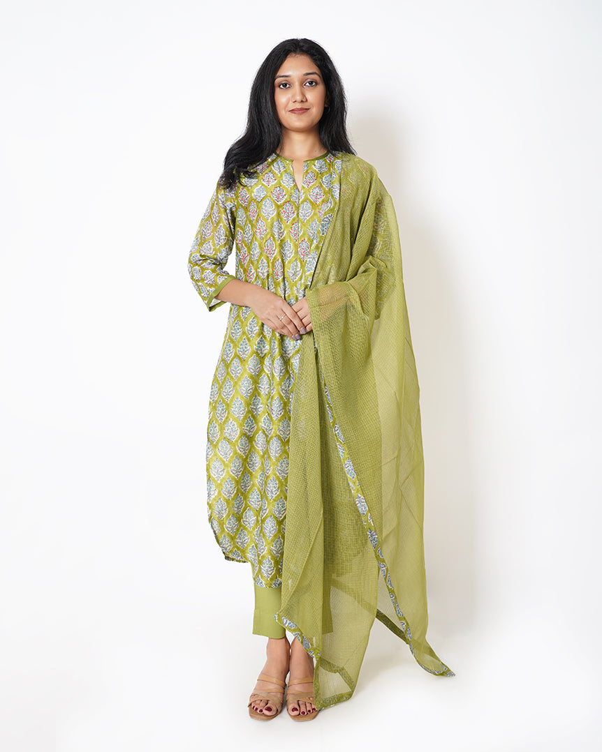 Olive Botanical Printed Chanderi Suit Set