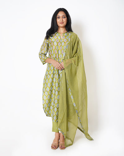 Olive Botanical Printed Chanderi Suit Set